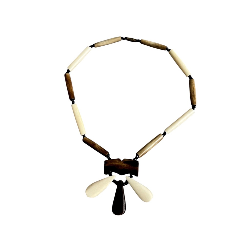 Vintage Handmade‎ Bone & Wood Beaded Necklace With Pendant And Barrel Clasp